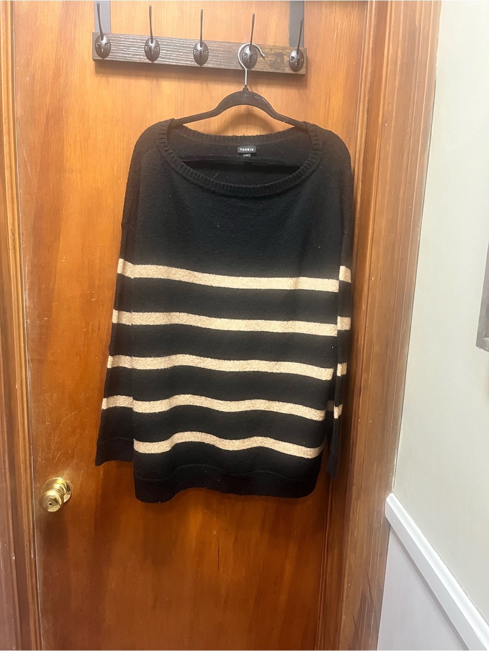 torrid Black Crewneck Sweater with Cream Stripes